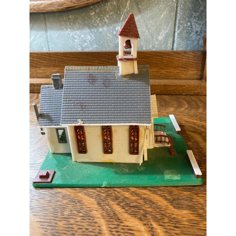 Vintage Plastic Miniature Church Village Building White Stained Glass Taiwan